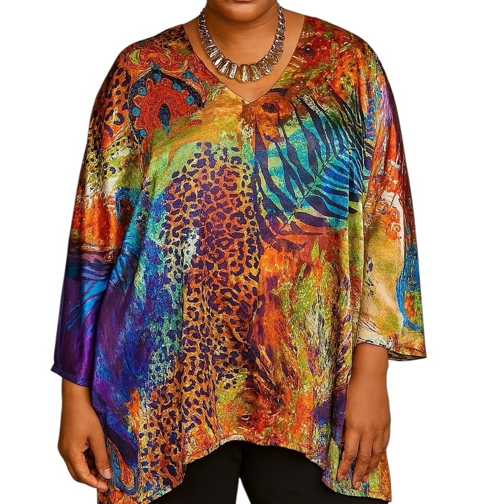 Ashro One Size Kimono Top Shirt Abstract Artsy Silky Colorful African